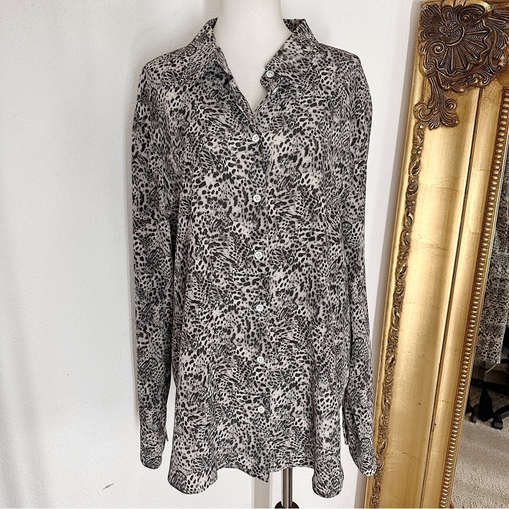 R Label Animal Print Silk Button Down Long Sleeve Shirt Top Size XL